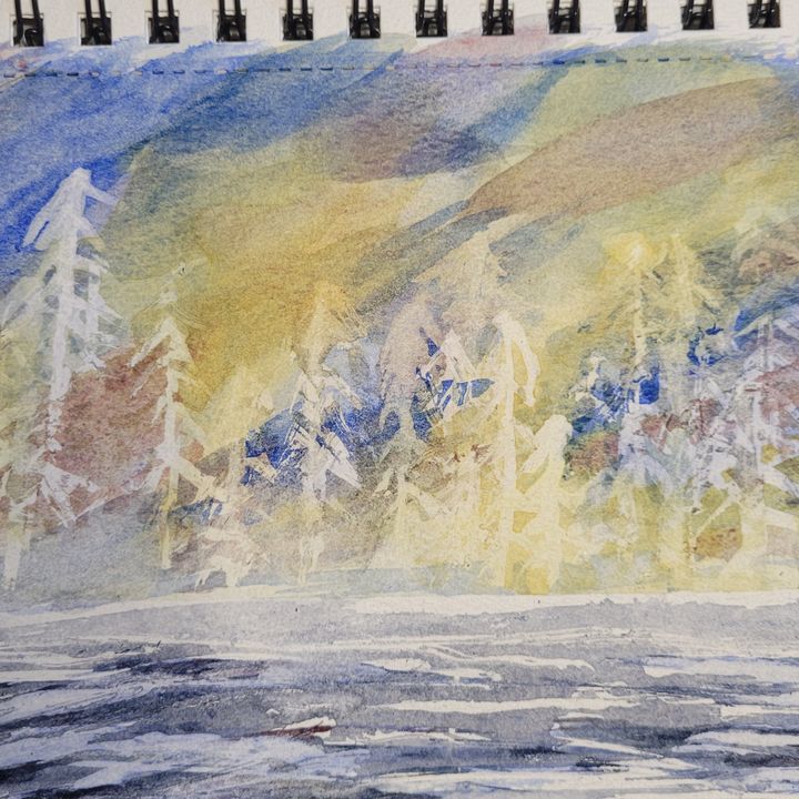A watercolor painting of ghostly trees on a shoreline.